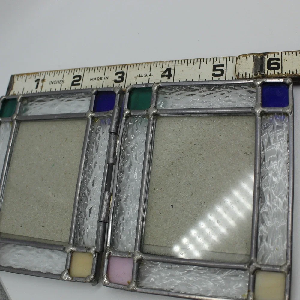 Handcrafted Stained Glass Double Picture Frame Small Multicolor Good Hinged